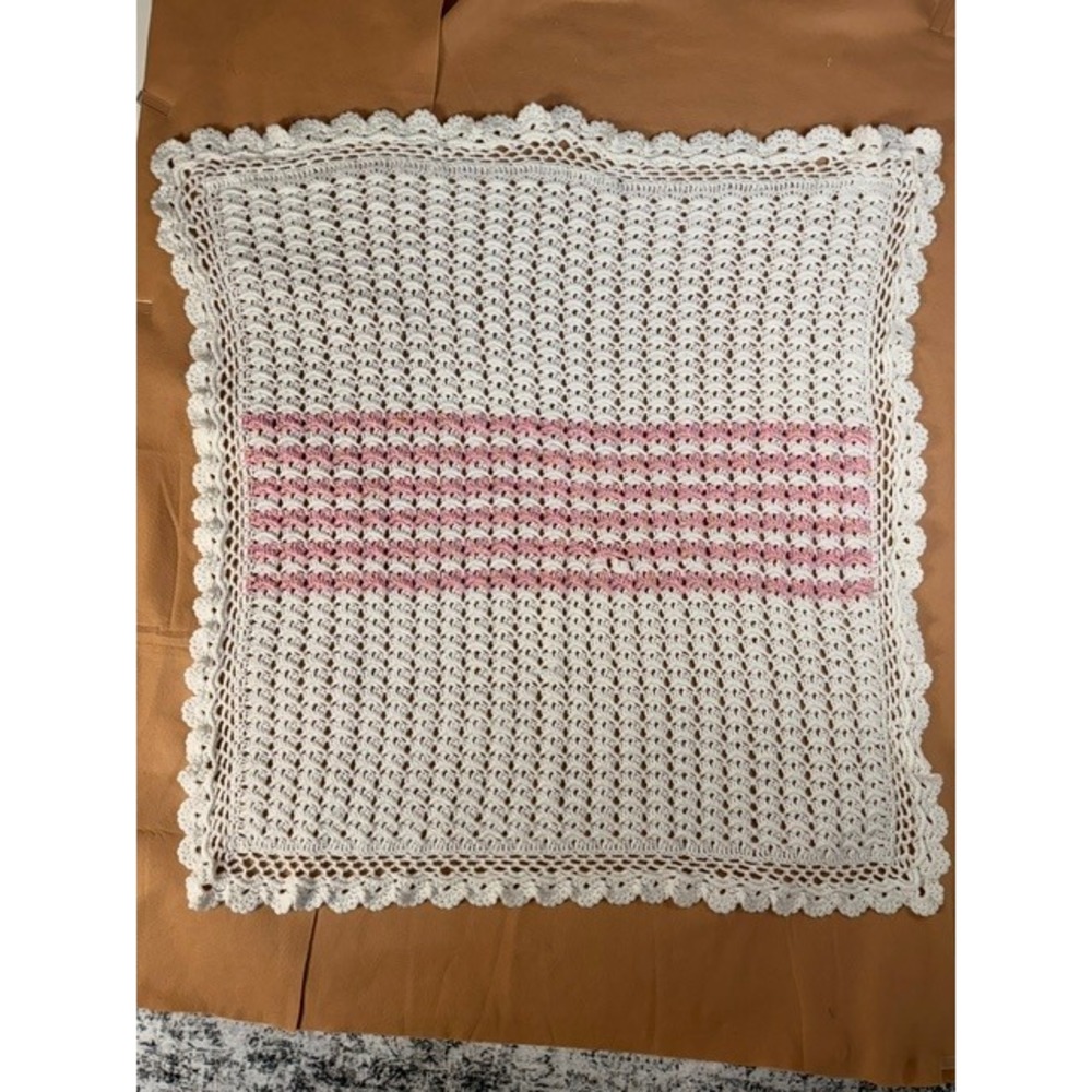 Handmade Crochet Baby Blanket 43x43 White Pink Scalloped Edge Vintage Style